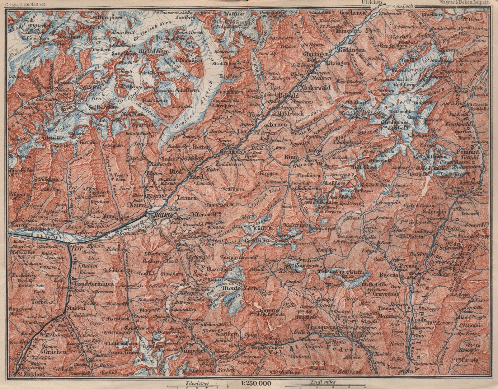 UPPER VALAIS. Grächen Aletschhorn Ofenhorn Brieg Niederwald Ried Rhone 1897 map